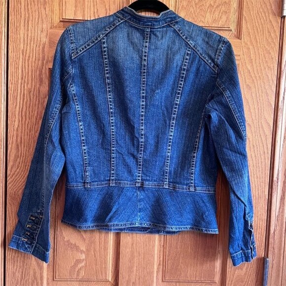 a.n.a Women's Medium Blue Denim Military Jacket Button Up Stand Collar - Picture 2 of 5